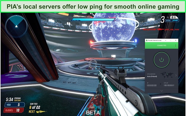 Screenshot of Splitgate playing using PIA's server in Poland