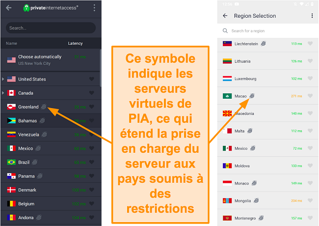 Capture d'&eacute;cran du client de bureau PIA et du programme Android, montrant les serveurs g&eacute;olocalis&eacute;s