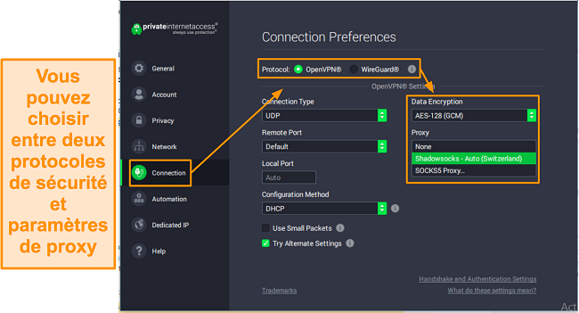Capture d'&eacute;cran des param&egrave;tres de connexion de PIA sous Windows.