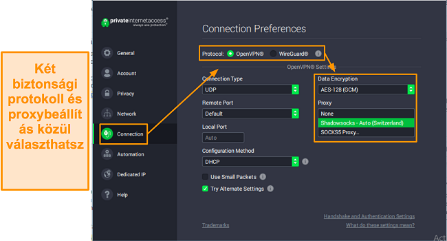 K&eacute;pernyők&eacute;p a PIA csatlakoz&aacute;si be&aacute;ll&iacute;t&aacute;sair&oacute;l Windows rendszeren.