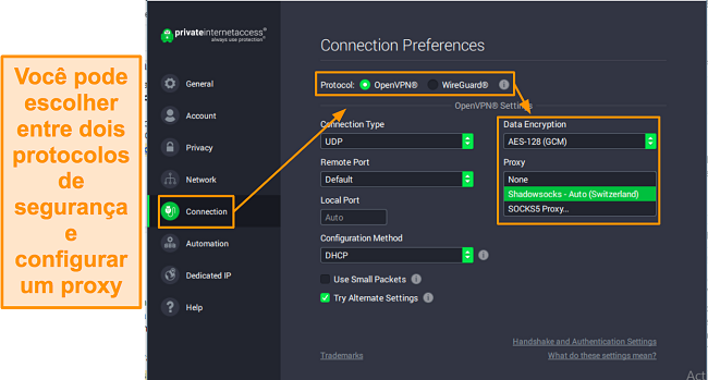 Captura de tela das configura&ccedil;&otilde;es de conex&atilde;o do PIA no Windows.