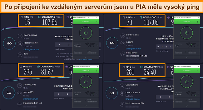 Sn&iacute;mek obrazovky s v&yacute;sledky testů rychlosti Ookla s PIA připojen&yacute;m k různ&yacute;m serverům.