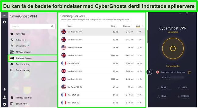 Sk&aelig;rmbillede af CyberGhost -gaming -servere med belastning sorteret efter faldende r&aelig;kkef&oslash;lge