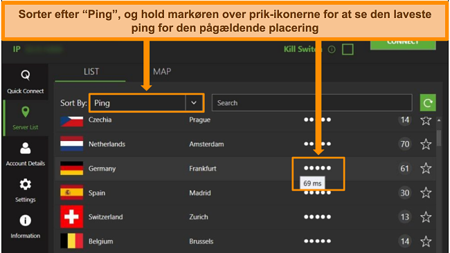 Sk&aelig;rmbillede af IPVanish -serverlisten i Windows -appen med fremh&aelig;velse af serverne sorteret efter ping og den laveste tilg&aelig;ngelige latens i den p&aring;g&aelig;ldende region.
