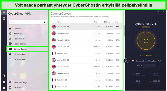 Kuvakaappaus CyberGhost -pelipalvelimista, joiden kuorma on lajiteltu laskevaan j&auml;rjestykseen