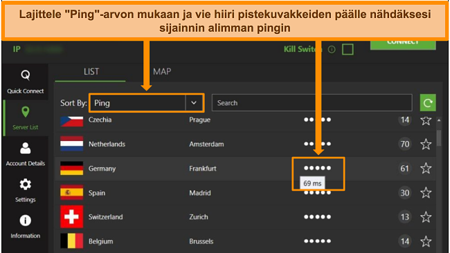 Kuvakaappaus IPVanish -palvelinluettelosta Windows -sovelluksessa korostamalla palvelimet, jotka on lajiteltu pingin mukaan ja alin k&auml;ytett&auml;viss&auml; oleva viive t&auml;ll&auml; alueella.
