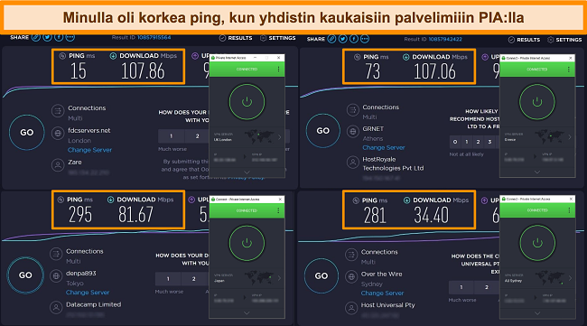 Kuvakaappaus Ooklan nopeustestin tuloksista, kun PIA on kytketty eri palvelimiin.