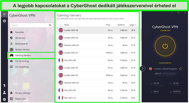 K&eacute;pernyők&eacute;p a CyberGhost j&aacute;t&eacute;kszerverekről, terhel&eacute;s cs&ouml;kkenő sorrendben