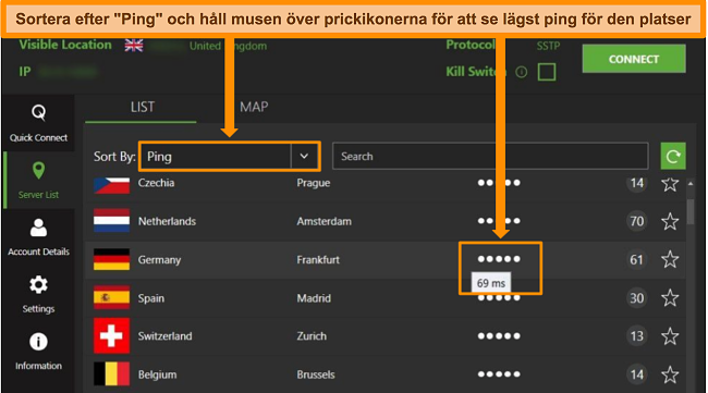 Sk&auml;rmdump av IPVanish -serverlistan i Windows -appen, med betoning p&aring; servrarna sorterade efter ping och den l&auml;gsta tillg&auml;ngliga latensen i den regionen.