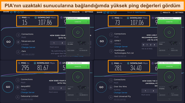 Farklı sunuculara bağlı PIA ile Ookla hız testi sonu&ccedil;larının ekran g&ouml;r&uuml;nt&uuml;s&uuml;.