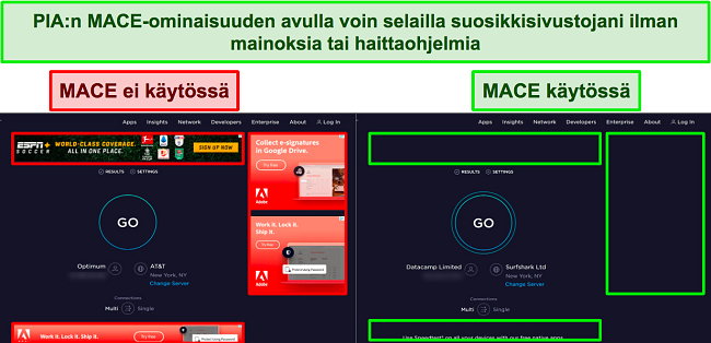 Kuvakaappauksia Ooklasta, jossa PIA:n MACE on kytketty pois p&auml;&auml;lt&auml; ja p&auml;&auml;lle, ja n&auml;ytt&auml;&auml; kuinka monta mainosta se est&auml;&auml; tehokkaasti.