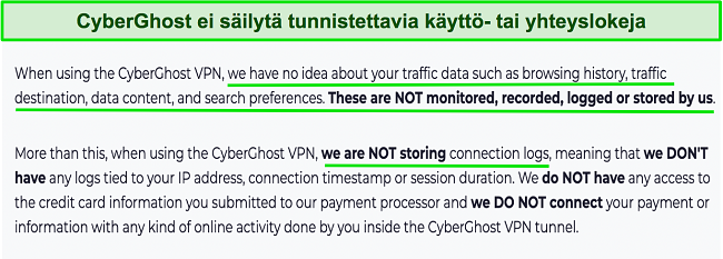 Kuvakaappaus CyberGhost VPN:n tietosuojak&auml;yt&auml;nn&ouml;st&auml;
