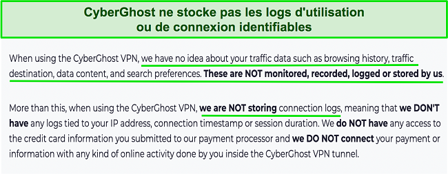 Capture d'&eacute;cran de la politique de confidentialit&eacute; de CyberGhost VPN
