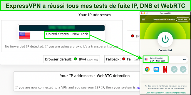 Image d'un test de fuite montrant qu'ExpressVPN masque avec succ&egrave;s l'adresse IP d'origine de l'utilisateur