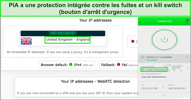 Image du test de fuite montrant que PIA cache avec succ&egrave;s l'adresse IP d'origine de l'utilisateur