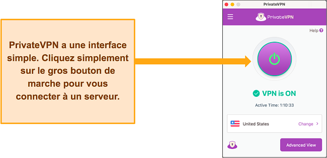 Image de l'interface de PrivateVPN lorsqu'il est connect&eacute; &agrave; un serveur