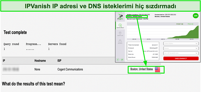 IPVanish'in kullanıcının orijinal IP adresini başarıyla gizlediğini g&ouml;steren sızıntı testinin g&ouml;r&uuml;nt&uuml;s&uuml;