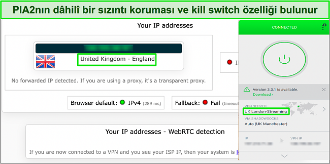 PIA'nın kullanıcının orijinal IP adresini başarıyla gizlediğini g&ouml;steren sızıntı testinin g&ouml;r&uuml;nt&uuml;s&uuml;