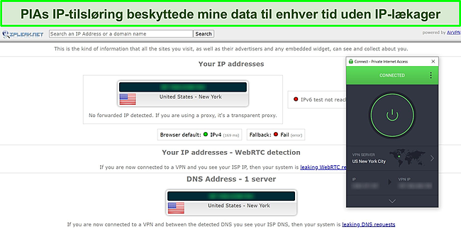 Sk&aelig;rmbillede af PIA forbundet til en amerikansk server med resultaterne af en IPLeak.net-l&aelig;kagetest.