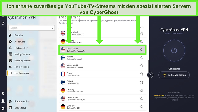 beste vpns f&uuml;r youtube tv cyberghost optimierte Streaming-Server