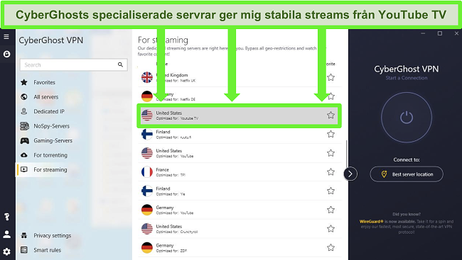 b&auml;sta vpns att anv&auml;nda f&ouml;r youtube tv cyberghost optimerad streaming-server
