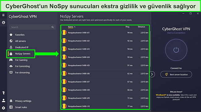 NoSpy sunucu listesini g&ouml;steren CyberGhost'un Windows uygulamasının ekran g&ouml;r&uuml;nt&uuml;s&uuml;.