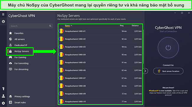 Ảnh chụp m&agrave;n h&igrave;nh ứng dụng Windows của CyberGhost hiển thị danh s&aacute;ch m&aacute;y chủ NoSpy.