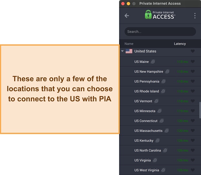 Private Internet Access (PIA) app alongside the annotation "these are only a few of the locations you can choose to connect to the US with PIA"