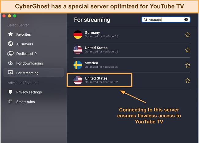 CyberGhost server list showing "Optimized for YouTube TV" as an option