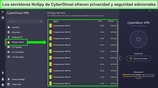 Captura de pantalla de la aplicaci&oacute;n de Windows de CyberGhost que muestra la lista de servidores NoSpy.