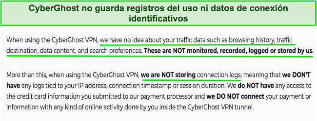 Captura de pantalla de la pol&iacute;tica de privacidad de CyberGhost VPN