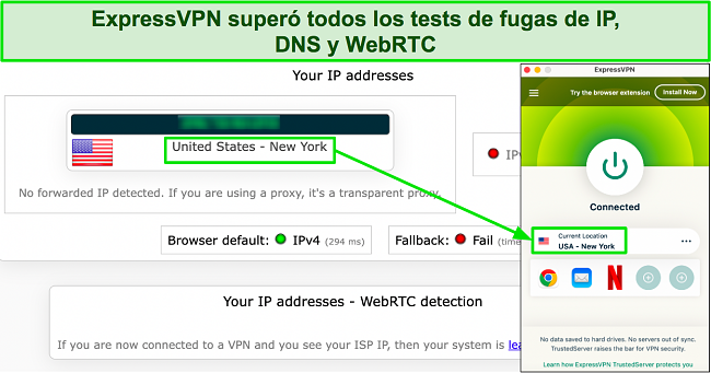 Imagen de prueba de fugas que muestra que ExpressVPN oculta con &eacute;xito la direcci&oacute;n IP original del usuario