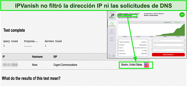 Imagen de la prueba de fugas que muestra que IPVanish oculta con &eacute;xito la direcci&oacute;n IP original del usuario