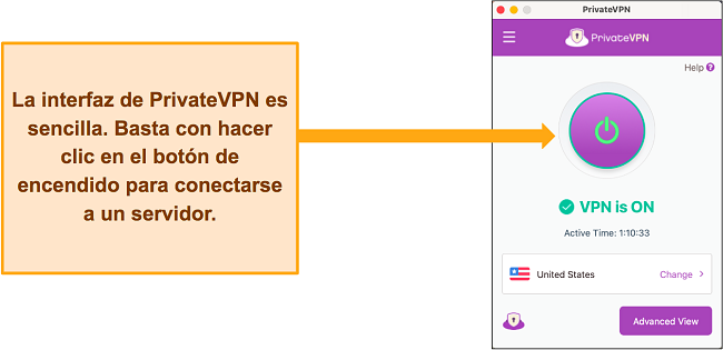 Imagen de la interfaz de PrivateVPN mientras est&aacute; conectado a un servidor