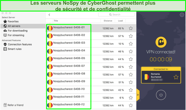 Capture d'&eacute;cran de l'interface VPN CyberGhost montrant ses serveurs NoSpy