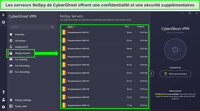 Capture d'&eacute;cran de l'application Windows de CyberGhost montrant la liste des serveurs NoSpy.
