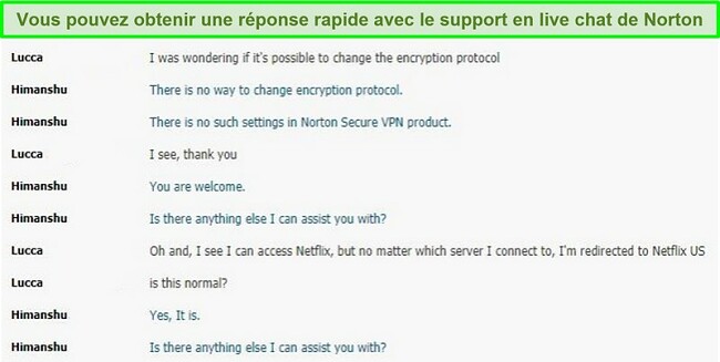 Capture d'&eacute;cran d'un chat en direct avec le repr&eacute;sentant du support client de Norton.