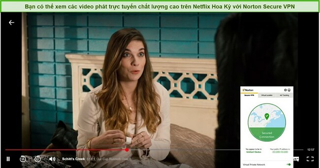 Ảnh chụp m&agrave;n h&igrave;nh của Norton Secure VPN bỏ chặn Netflix US v&agrave; ph&aacute;t trực tuyến Schitt's Creek.