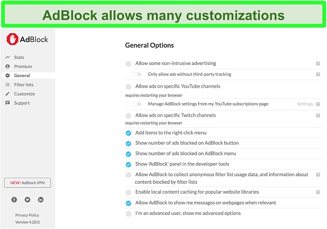 Screenshot showing AdBlock's many customization options