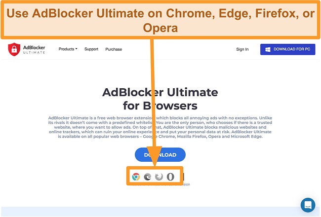 Screenshot of AdBlocker Ultimate website displaying the 4 web browser extensions available