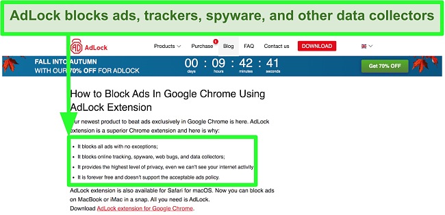 Screenshot of AdLock website stating it has no "acceptable ads" policy