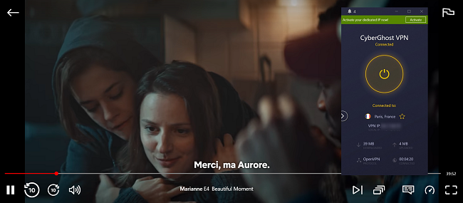 Capture d'&eacute;cran de Marianne jouant sur Netflix France alors qu'elle est connect&eacute;e &agrave; CyberGhost