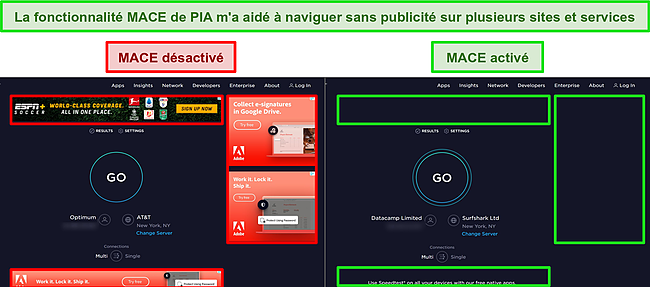 Captures d'&eacute;cran des sites Web Ookla avec la fonction MACE de PIA activ&eacute;e et d&eacute;sactiv&eacute;e, mettant en &eacute;vidence la diff&eacute;rence dans le nombre d'annonces vues sur chaque page.