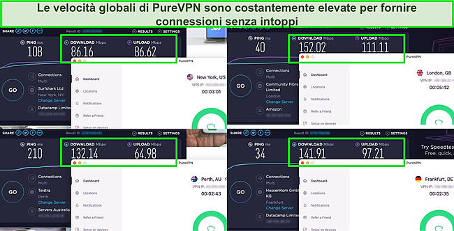 Screenshot dei risultati del test di velocit&agrave; Ookla con PureVPN connesso a server negli Stati Uniti, nel Regno Unito, in Australia e in Germania.