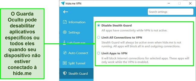 Screenshot van Stealth Guard-instellingen in de Windows-app van hide.me