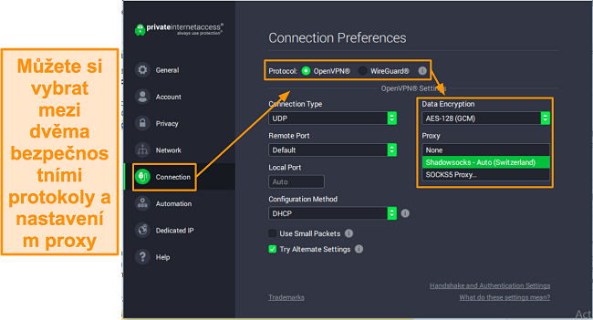 Sn&iacute;mek obrazovky nastaven&iacute; připojen&iacute; PIA v syst&eacute;mu Windows.