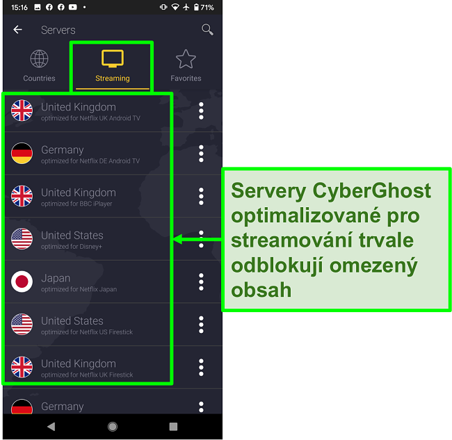 Screenshoty serverů CyberGhost optimalizovan&yacute;ch pro streamov&aacute;n&iacute;