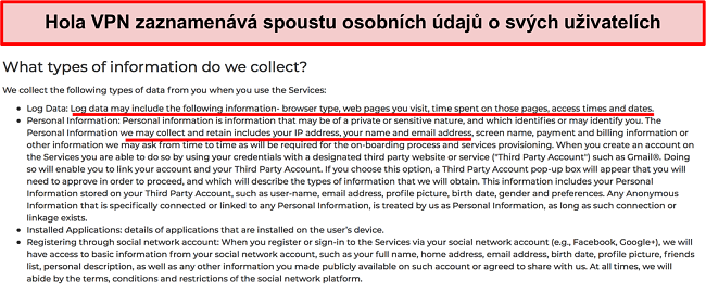 Sn&iacute;mek obrazovky z&aacute;sad ochrany soukrom&iacute; VPN Hola zobrazuj&iacute;c&iacute;, že zaznamen&aacute;v&aacute; IP adresu