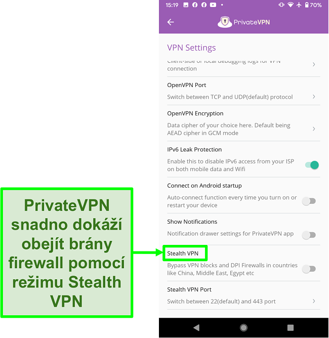 Screenshot aplikace PrivateVPN Android zobrazuj&iacute;c&iacute; funkci Stealth VPN, kter&aacute; pom&aacute;h&aacute; obej&iacute;t bloky VPN