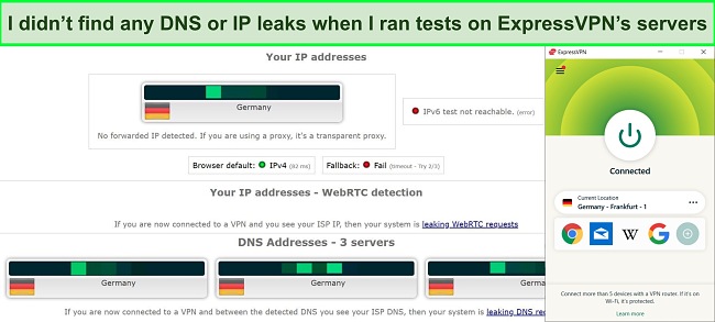 ExpressVPN passed my DNS and IP leak tests, ensuring my location remained private.
